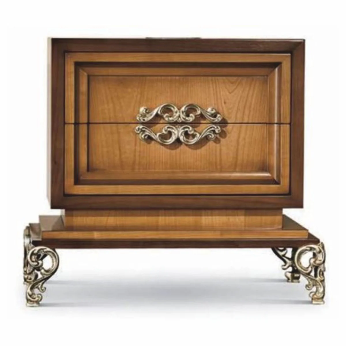 Luxus Barock Nachtkommode Dunkelbraun / Braun / Silber 70 cm - Made in Italy