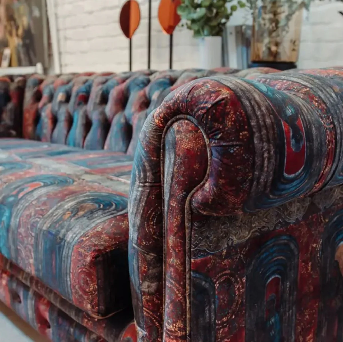 Luxus Chesterfield Samt Sofa Mehrfarbig / Schwarz 220 x 96 x H. 78 cm - Wohnzimmer Sofa - Hotel Sofa - Wohnzimmer Möbel - Chesterfield Möbel - Luxus Möbel - Luxus Einrichtung