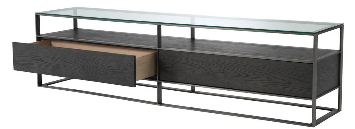 Luxus Fernsehschrank Grau / Schwarz 220 x 46 x H. 56,5 cm - Sideboard mit Glasplatte und 2 Schubladen - Luxus Wohnzimmer Möbel