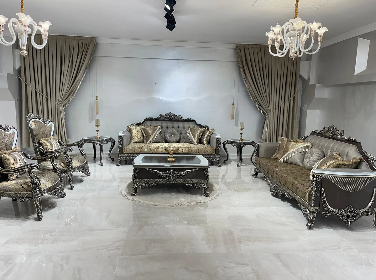 Luxus Barock Couchtisch Schwarz / Weiß / Silber - Prunkvoller Wohnzimmertisch im Barockstil - Barockstil Wohnzimmer Möbel - Barock Einrichtung - Barock Möbel - Luxus Möbel im Barockstil