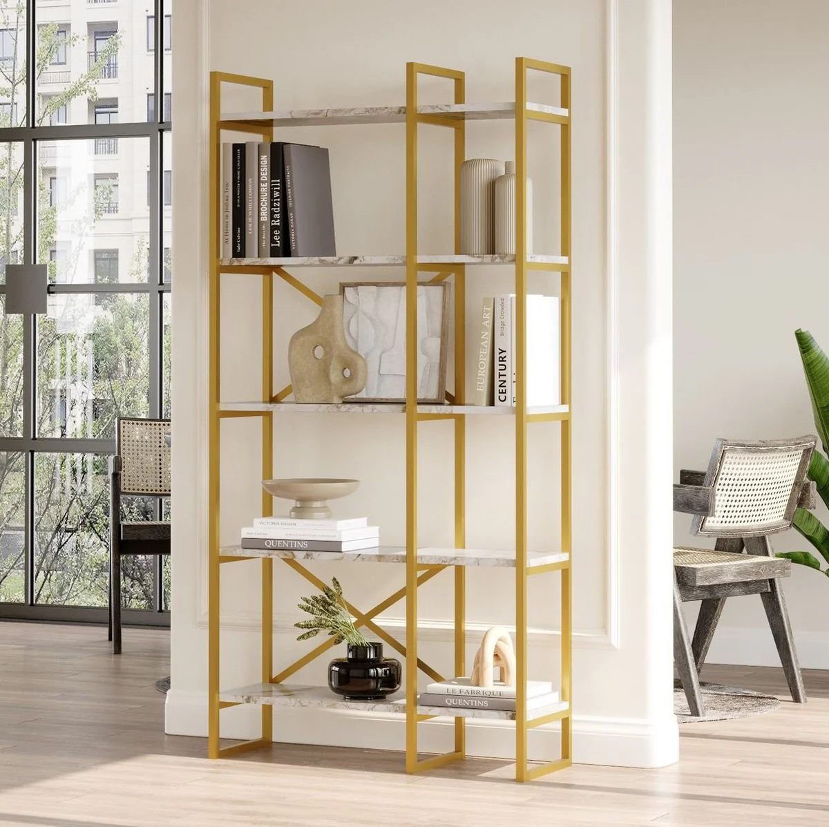 Luxus Regalschrank mit Marmor Regalen Gold / Weiß 87,5 x 30 x H. 175 cm - Bücherschrank - Wohnzimmer Schrank - Büro Schrank - Wohnzimmer Möbel - Büro Möbel - Luxus Möbel