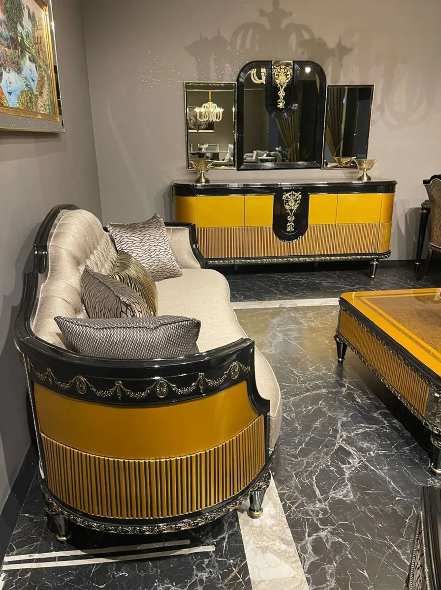 Luxus Barock Sofa Gold / Schwarz / Gold - Prunkvolles Wohnzimmer Sofa - Barockstil Wohnzimmer Möbel - Luxus Möbel im Barockstil - Barock Einrichtung - Edel & Prunkvoll