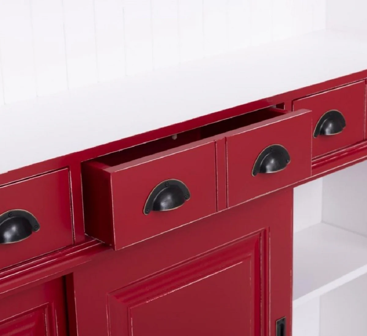 Landhausstil Massivholz Barschrank Antik Rot / Weiß 151 x 36 x H. 210 cm - Massivholz Weinschrank im Landhausstil - Massivholz Bar Möbel - Landhausstil Bar Möbel