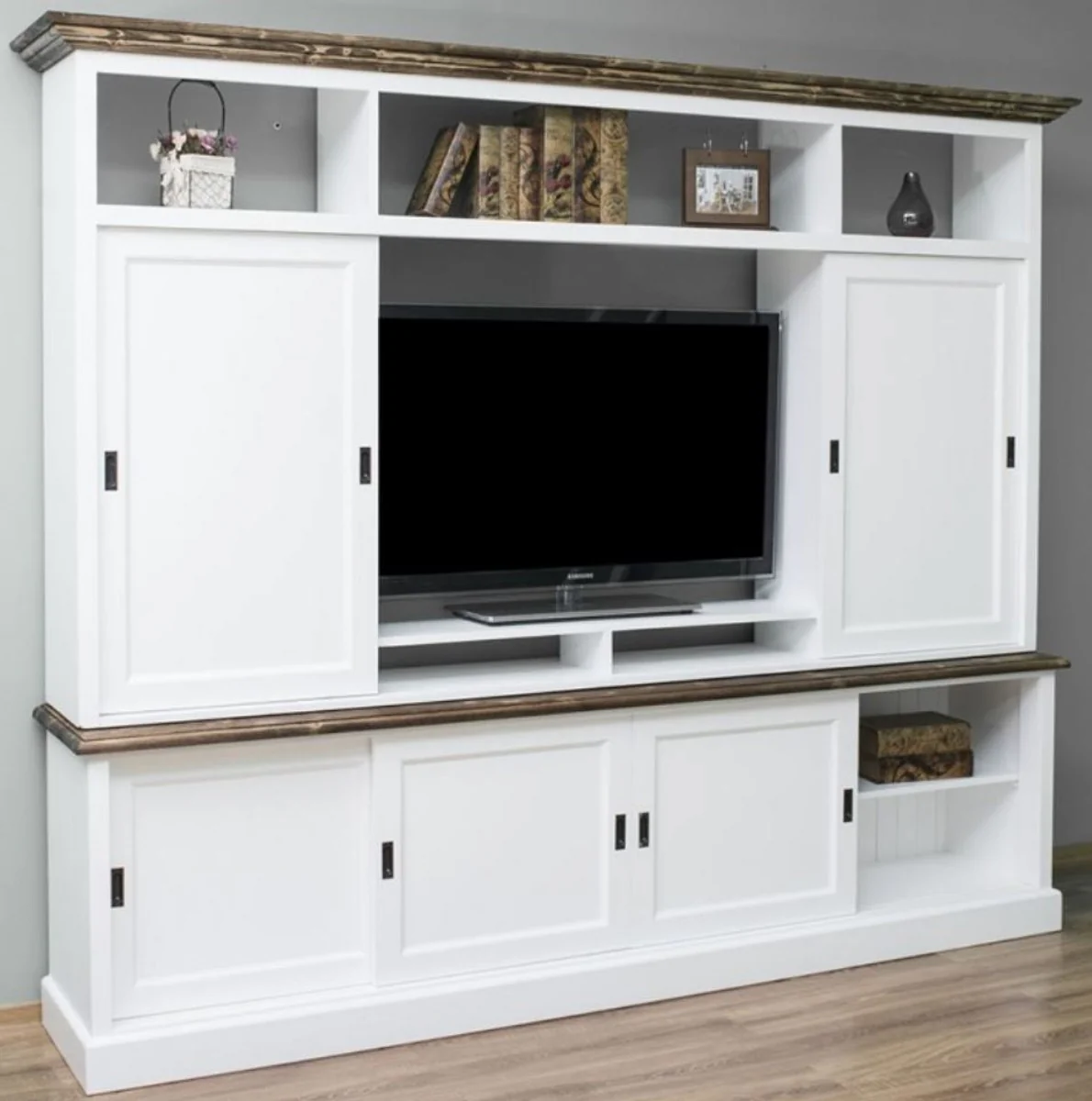 Landhausstil Fernsehschrank mit 6 Schiebetüren Weiß / Braun 254 x 46 x H. 210 cm - Massivholz TV Schrank - Wohnzimmerschrank - Landhausstil Wohnzimmermöbel