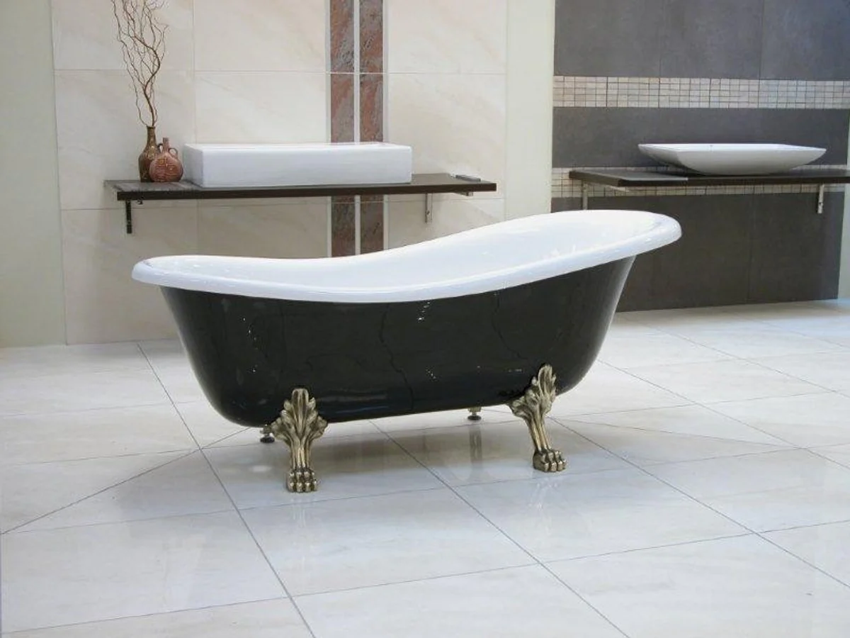 Freistehende Luxus Badewanne Jugendstil Roma Schwarz/Weiß/Altgold 1470mm - Barock Antik Badezimmer
