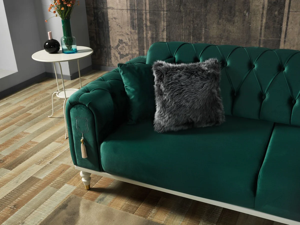 Luxus Chesterfield Schlafsofa Grün / Weiß / Gold 230 x 95 x H. 83 cm - Wohnzimmer Sofa mit 3 Kissen - Luxus Wohnzimmer Möbel