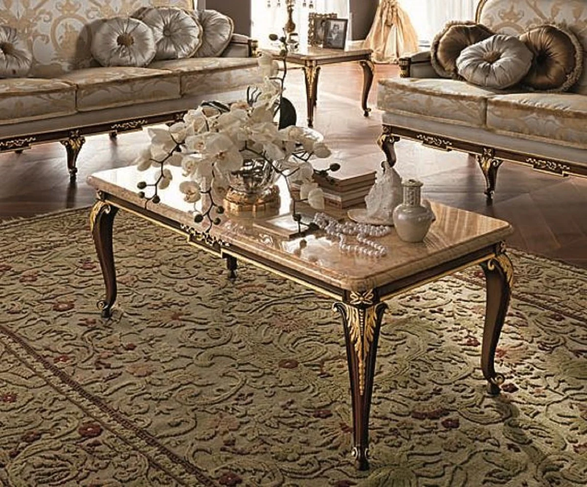 Luxus Barock Couchtisch mit Marmorplatte Creme / Dunkelbraun / Gold - Prunkvoller Wohnzimmertisch im Barockstil - Barock Möbel - Edel & Prunkvoll - Luxus Qualität - Made in Italy
