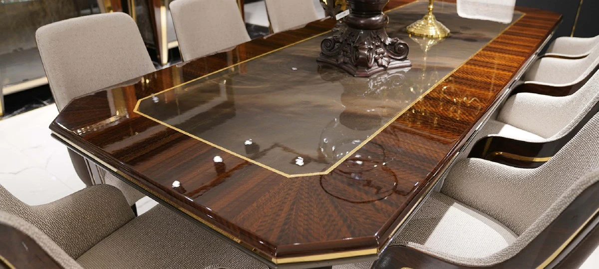 Luxus Esstisch Grau / Braun / Gold 350 x 112 x H. 70 cm - Rechteckiger Massivholz Küchentisch - Esszimmer Möbel - Luxus Möbel - Luxus Kollektion