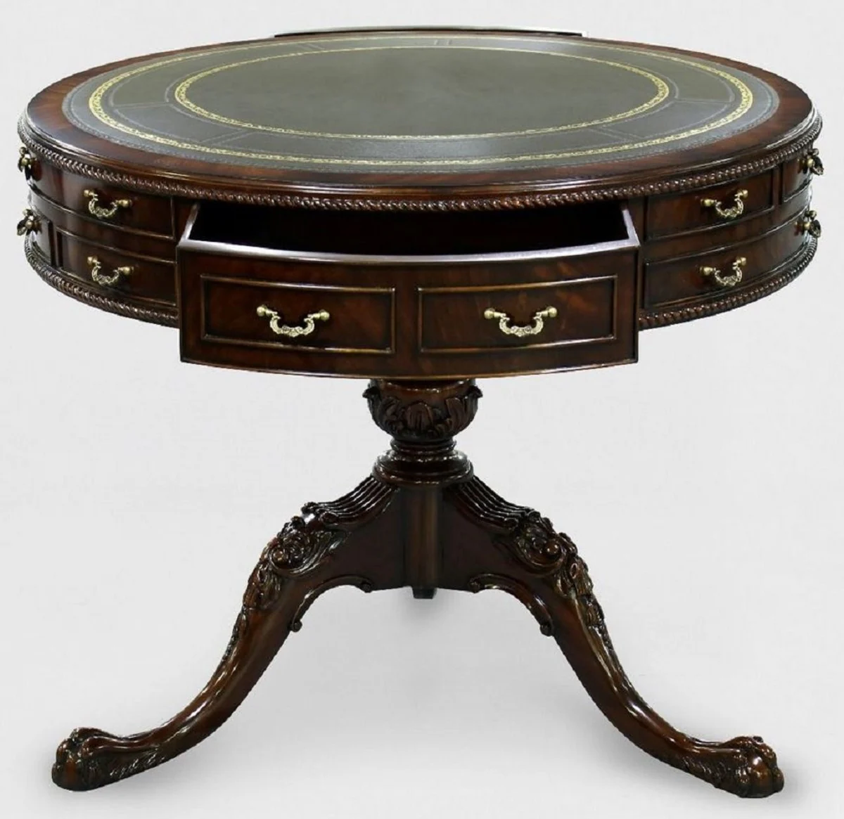 Luxus Barock Beistelltisch Braun / Grün / Gold Ø 91 x H. 76 cm - Runder Mahagoni Tisch mit 14 Schubladen und Echtleder - Barock Mahagoni Möbel