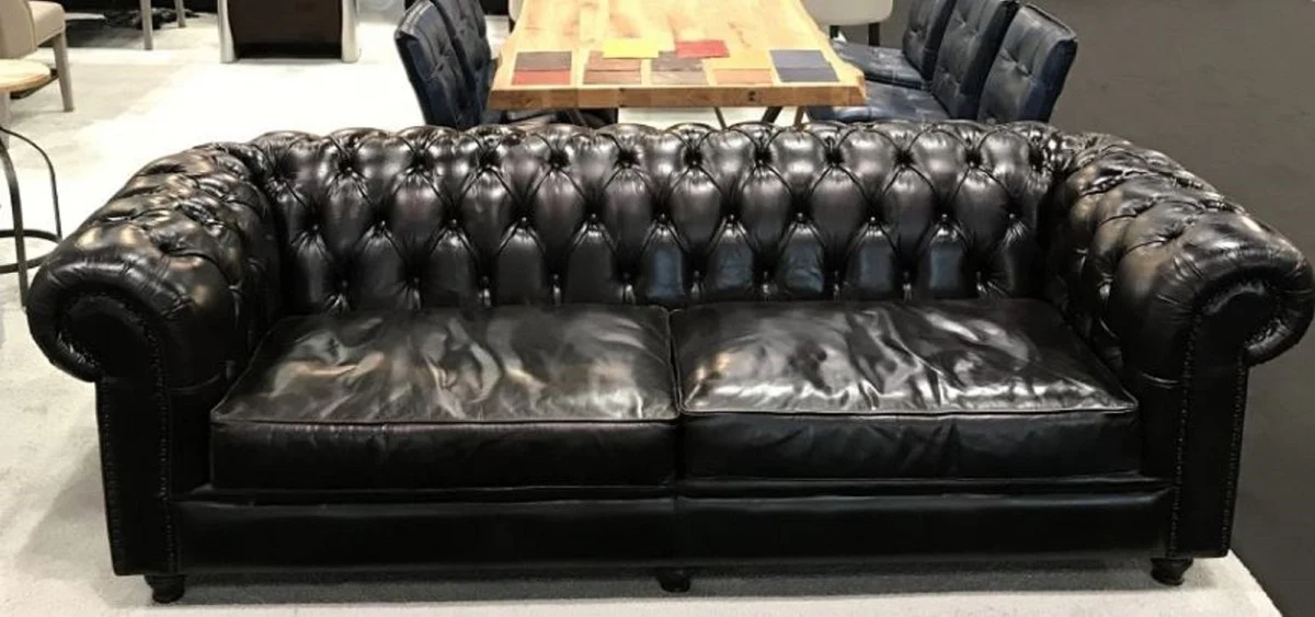 Luxus Chesterfield Leder Sofa Schwarz 240 x 100 x H. 80 cm - Echtleder Wohnzimmer Sofa - Wohnzimmer Möbel - Chesterfield Möbel - Luxus Möbel - Luxus Wohnzimmer Einrichtung