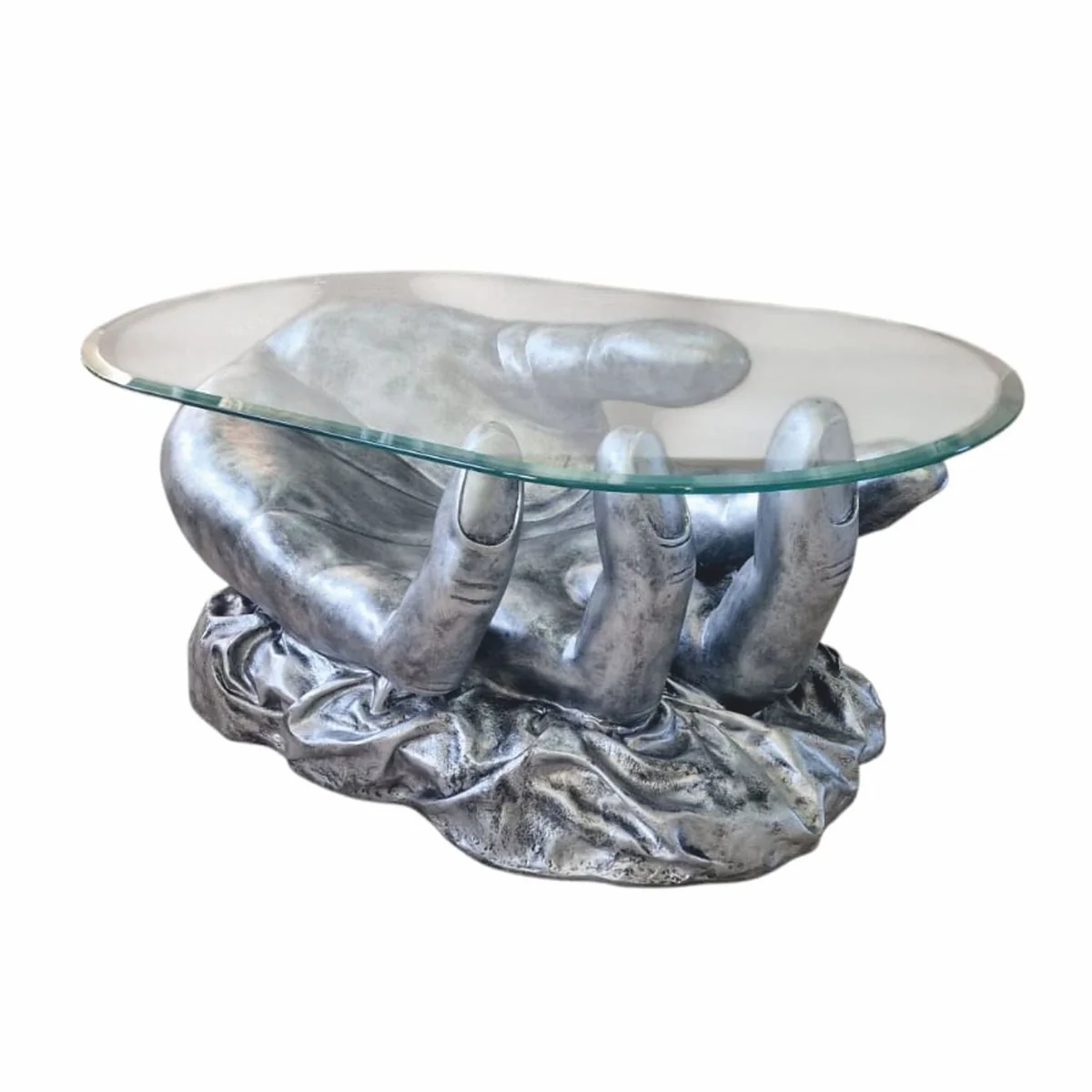 Designer Couchtisch Hand mit Glasplatte Antik Silber 80 cm