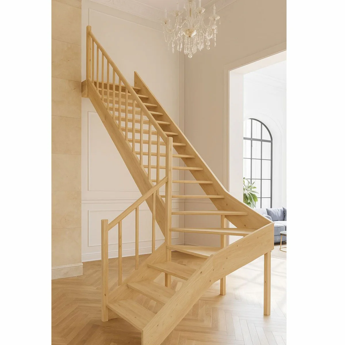 Luxus Eck-Holztreppe mit Geländer linke Seite Naturfarben H. 304 cm