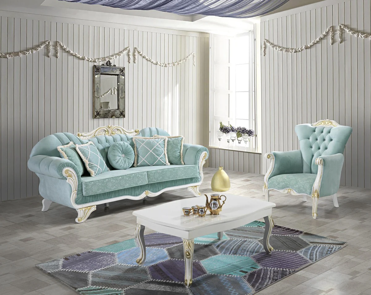 Barock Wohnzimmer Sofa mit Glitzersteinen Hellgrün / Weiß / Gold 235 x 87 x H. 102 cm - Edle Wohnzimmer Möbel im Barockstil