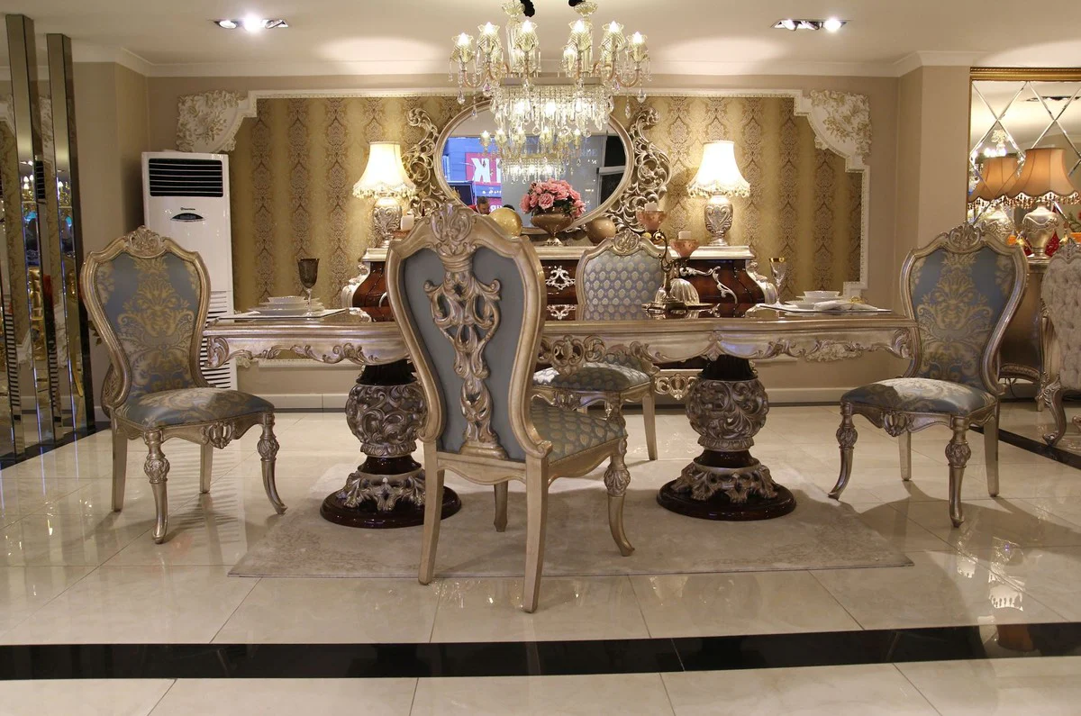 Luxus Barock Esstisch Dunkelbraun / Silber - Hochwertiger handgefertigter Massivholz Esszimmertisch im Barockstil - Barock Esszimmer Möbel - Edel & Prunkvoll