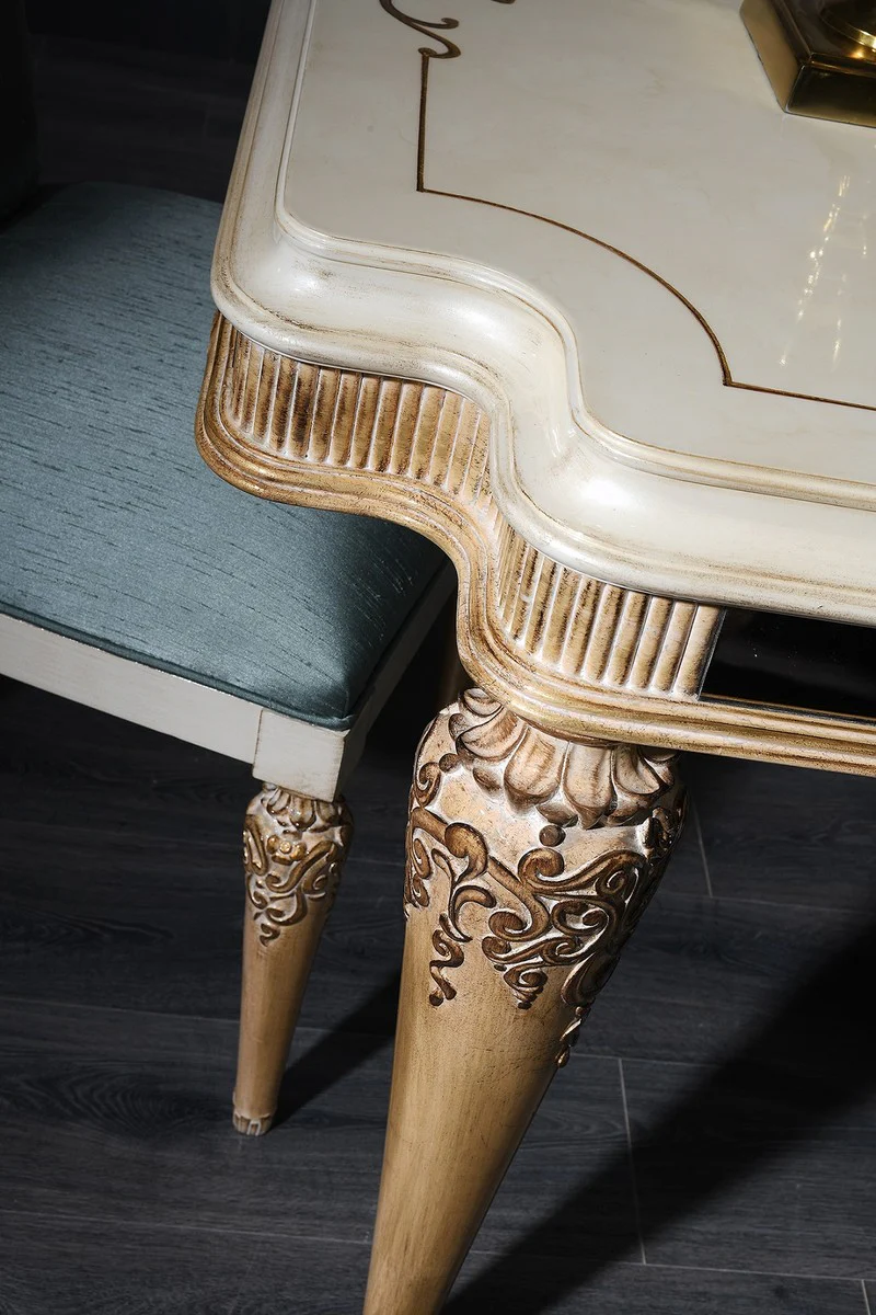 Luxus Barock Esszimmer Set Türkis / Weiß / Gold - 1 Esstisch und 4 Esszimmerstühle - Barock Esszimmermöbel