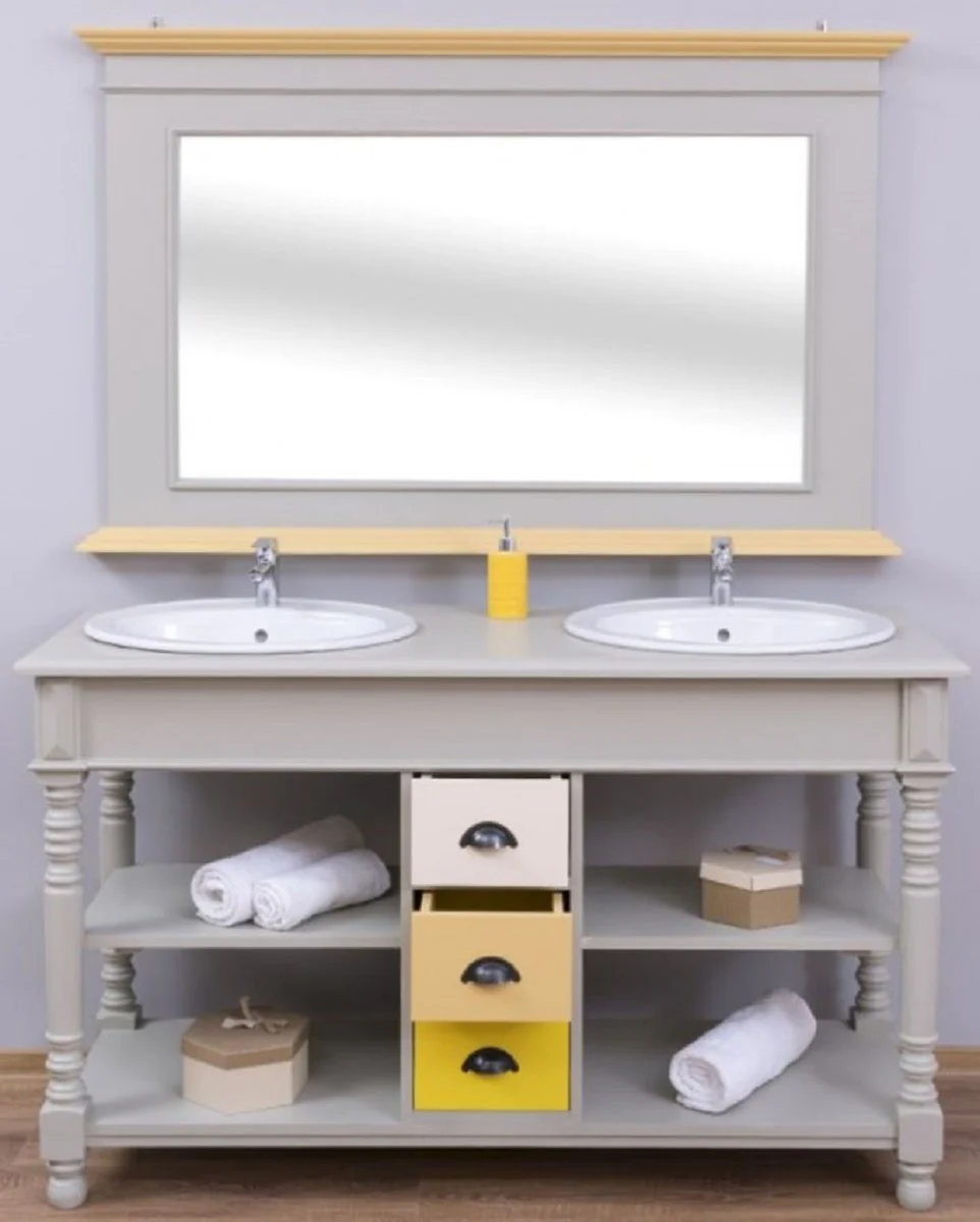 Landhausstil Badezimmer Set Grau / Naturfarben / Mehrfarbig - 1 Doppelwaschtisch & 1 Wandspiegel - Massivholz Badezimmermöbel im Landhausstil