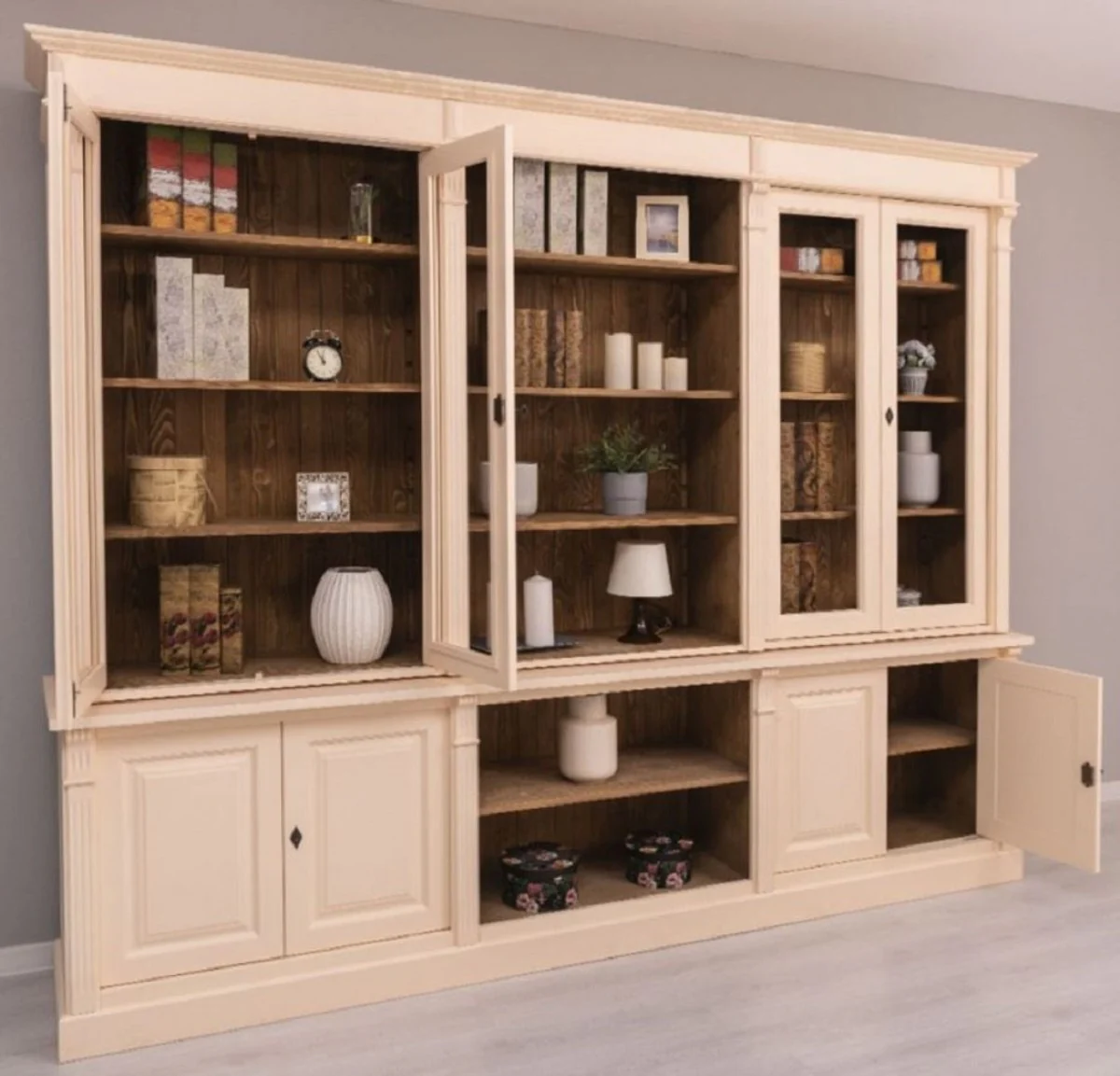 Landhausstil Wohnzimmerschrank Cremefarben / Braun 286 x 51 x H. 228 cm - Massivholz Schrank - Bücherschrank - Regalschrank - Landhausstil Möbel