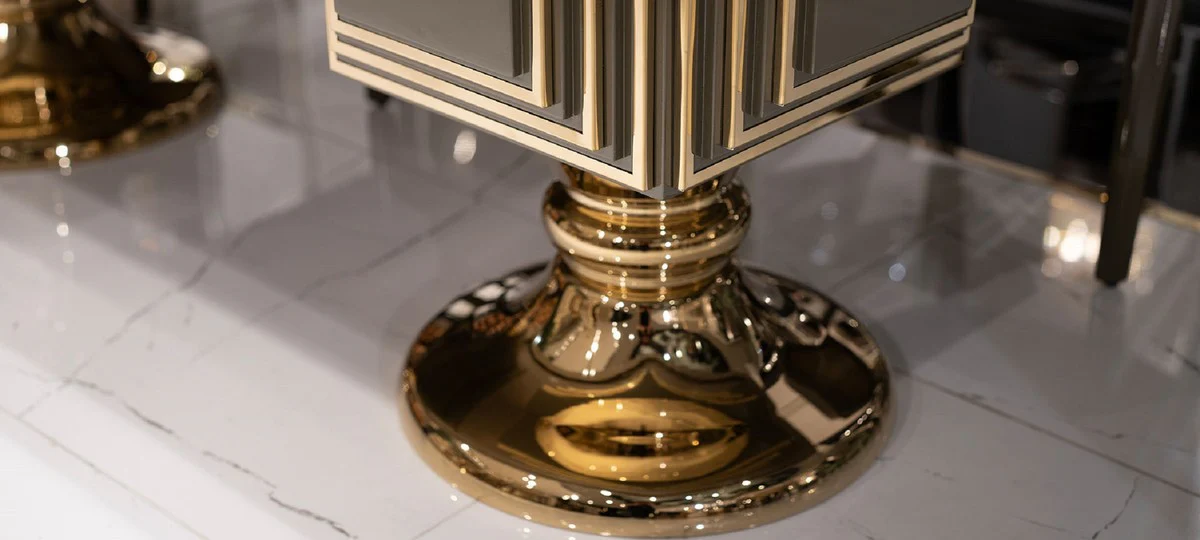 Luxus Esstisch Grau / Braun / Gold - Rechteckiger Luxus Küchentisch - Esszimmer Möbel - Luxus Möbel