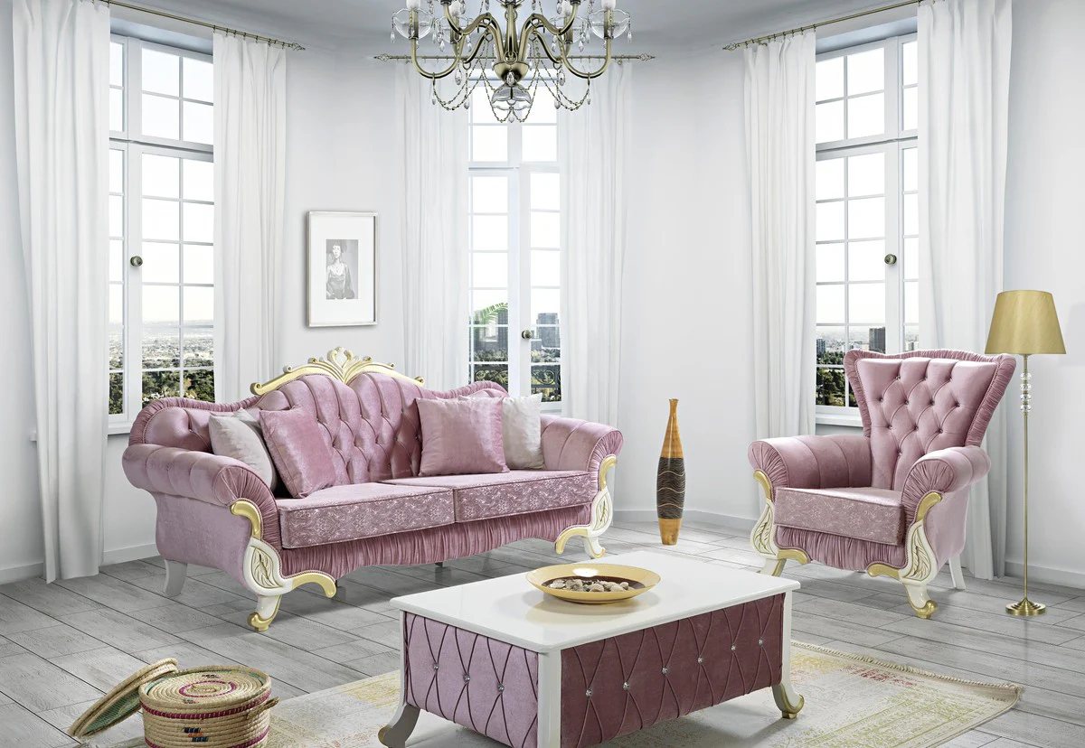 Barock Couchtisch Rosa / Weiß / Gold 100 x 64 x H. 43 cm - Barockstil Wohnzimmertisch mit Glitzersteinen - Barock Möbel