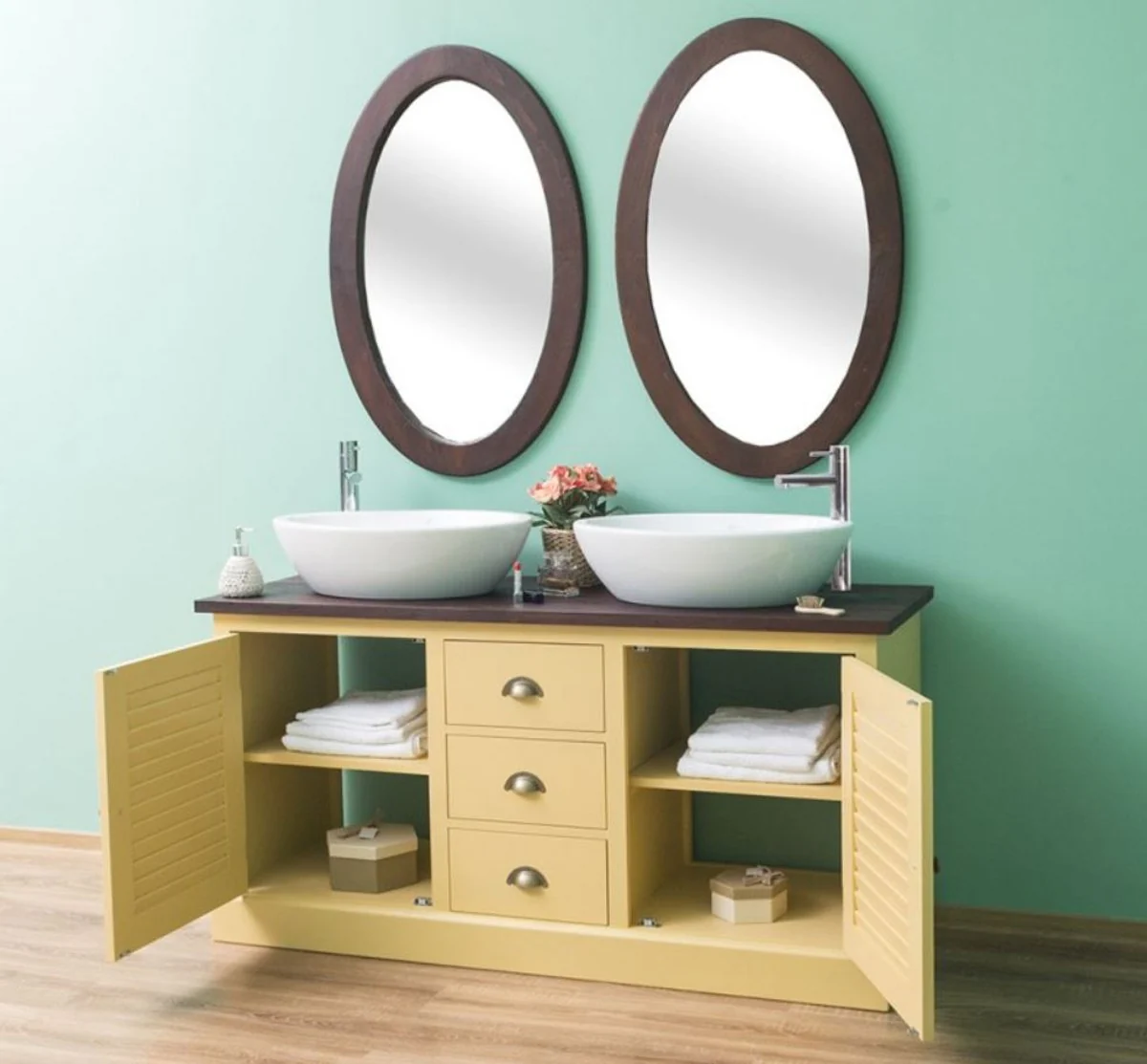 Landhausstil Badezimmer Set Gelb / Dunkelbraun - 1 Doppelwaschtisch & 2 Wandspiegel - Massivholz Badezimmermöbel im Landhausstil
