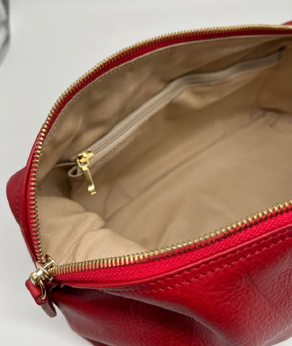 Luxus Echtleder Kosmetiktasche Rot / Gold 28 cm - Made in Italy