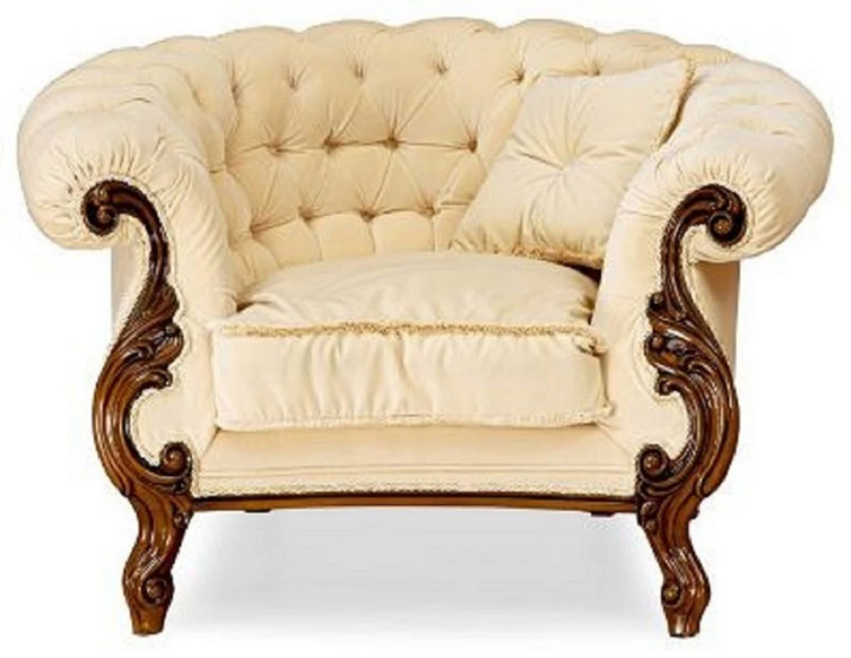Luxus Barock Wohnzimmer Set Creme / Braun - 2 Barock Sofas & 2 Barock Sessel & 1 Barock Couchtisch - Luxus Wohnzimmer Möbel im Barockstil - Edel & Prunkvoll