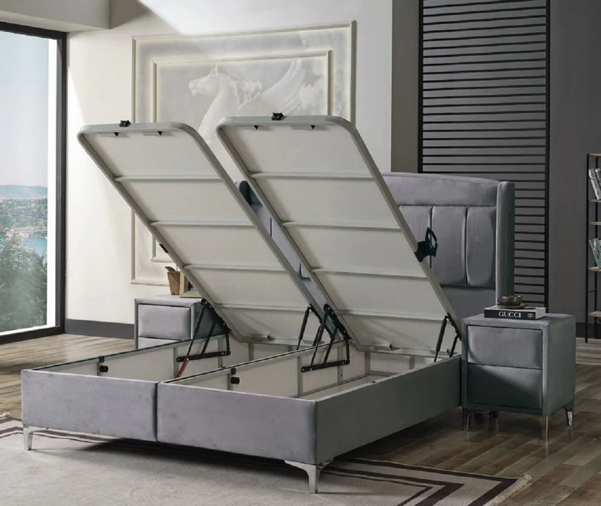 Luxus Doppelbett Grau / Weiß / Silber 180 x 200 cm - Massivholz Bett mit LED Beleuchtung und Matratze - Schlafzimmer Möbel - Hotel Möbel - Luxus Möbel - Luxus Einrichtung