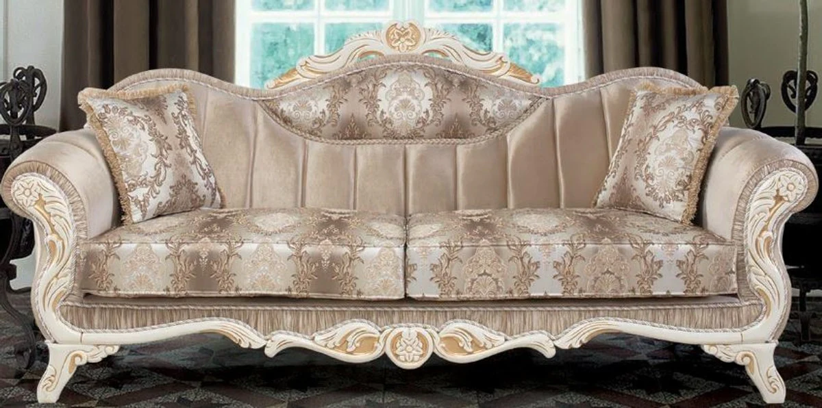 Luxus Barock Sofa mit Kissen Beige / Weiß / Gold 237 x 90 x H. 99 cm - Barock Wohnzimmer Möbel
