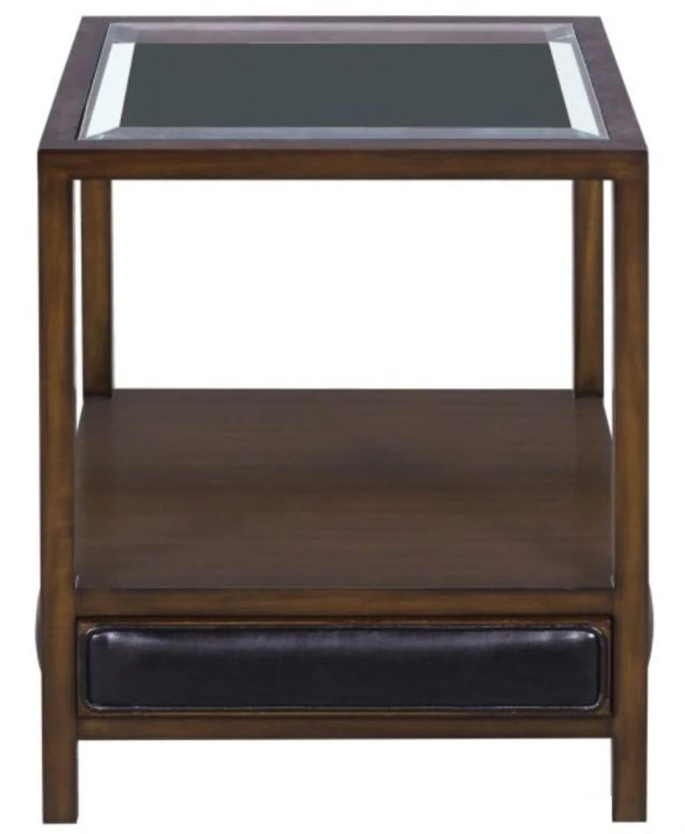 Luxus Mahagoni Beistelltisch Braun / Schwarz 52 x 52 x H. 64 cm - Wohnzimmer Beistelltisch mit Glasplatte und Schublade