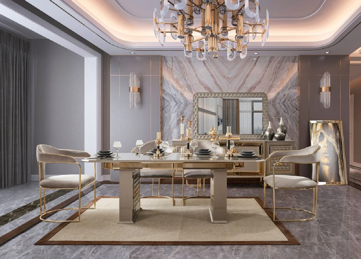 Luxus Art Deco Esszimmer Set Grau / Gold - 1 Ausziehbarer Esstisch & 4 Stühle