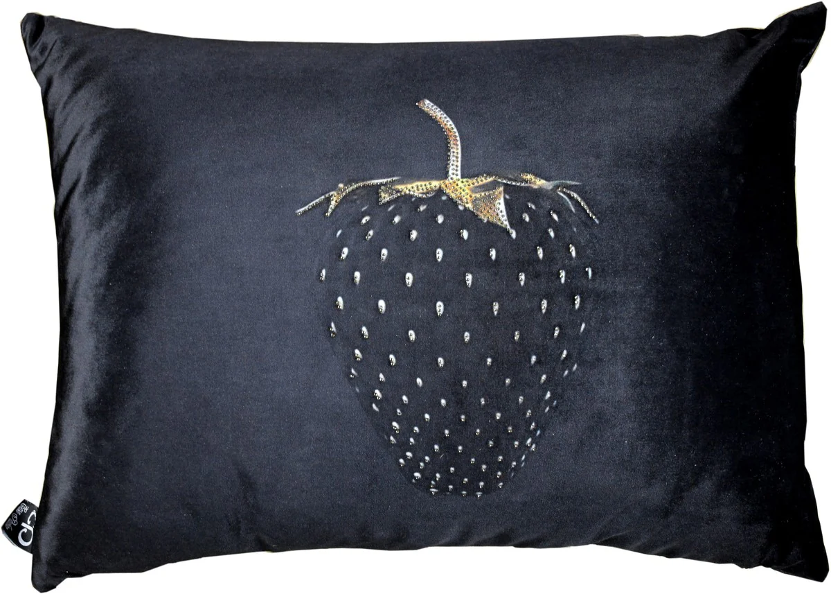 Luxus Deko Kissen Strawberry mit Bling Bling Glitzersteinen Schwarz / Gold 35 x 55 cm - Feinster Samtstoff - Luxus Deko Accessoires