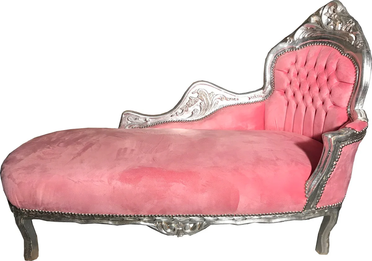 Barock Chaiselongue Rosa / Silber - Möbel Liege Recamiere Wohnzimmer