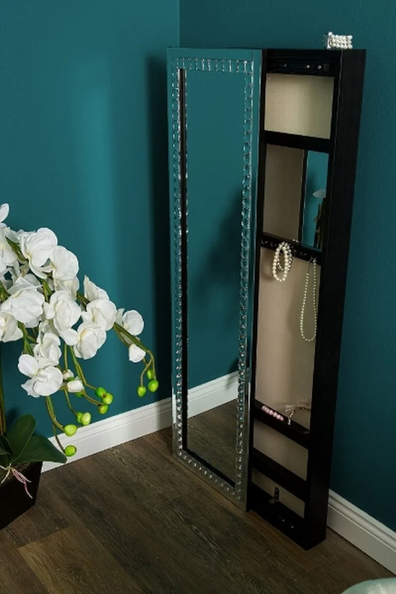 Luxus Schmuckschrank mit Spiegeltür Silber / Schwarz 35 x 9 x H. 120 cm - Luxus Kollektion