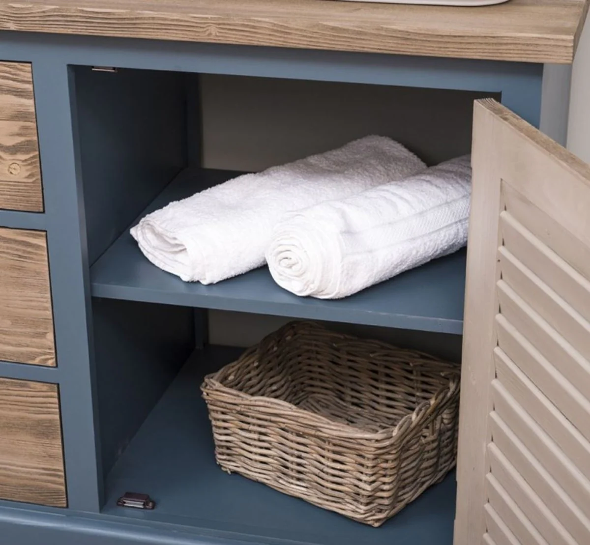 Landhausstil Badezimmer Set Blau / Braun - 1 Doppelwaschtisch & 1 Wandspiegel - Landhausstil Badezimmer Möbel