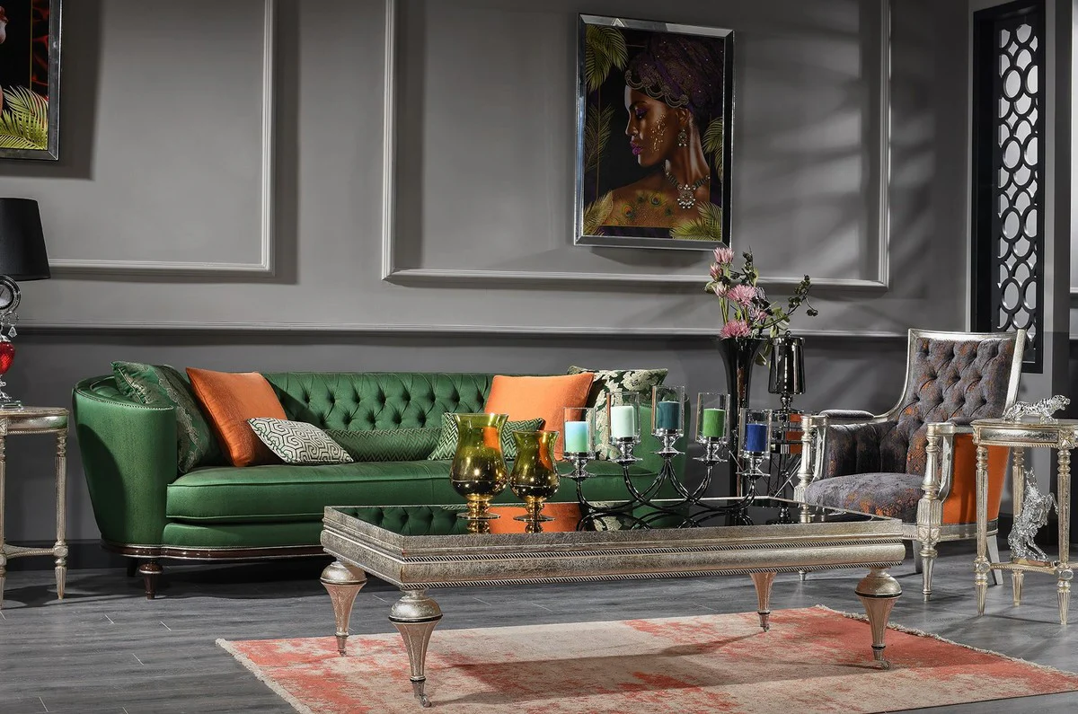 Luxus Barock Couchtisch Schwarz / Silber - Prunkvoller Massivholz Wohnzimmertisch mit Glasplatte - Barock Wohnzimmer Möbel