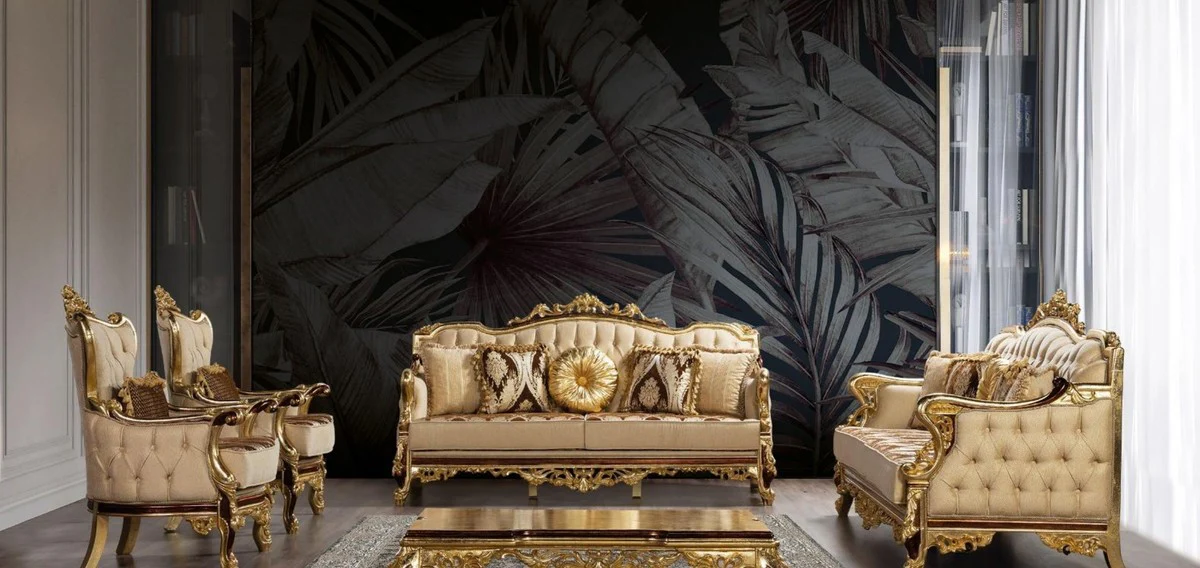 Luxus Barock Wohnzimmer Set Beige / Braun / Gold - 2 Barock Sofas mit Muster & 2 Barock Sessel mit Muster & 1 Barock Couchtisch - Barock Wohnzimmer Möbel