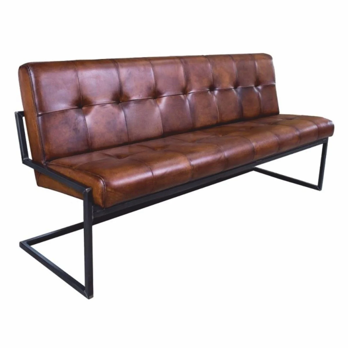 Luxus Chesterfield Echtleder Sitzbank Braun / Schwarz 185 cm - Echtleder Möbel
