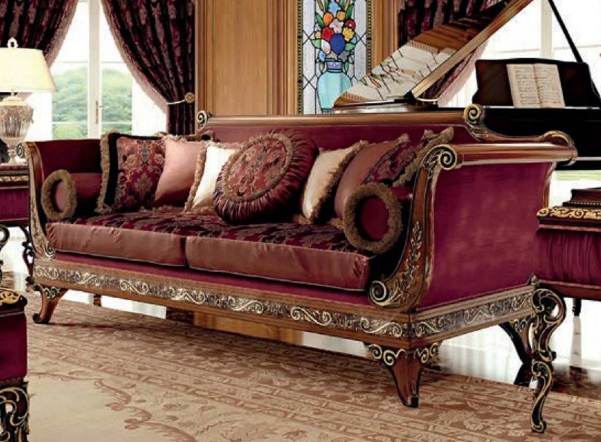 Luxus Barock Sofa Lila / Braun / Gold - Barockstil Wohnzimmer Sofa mit elegantem Muster - Barock Möbel - Barock Wohnzimmer & Hotel Möbel - Luxus Qualität - Made in Italy