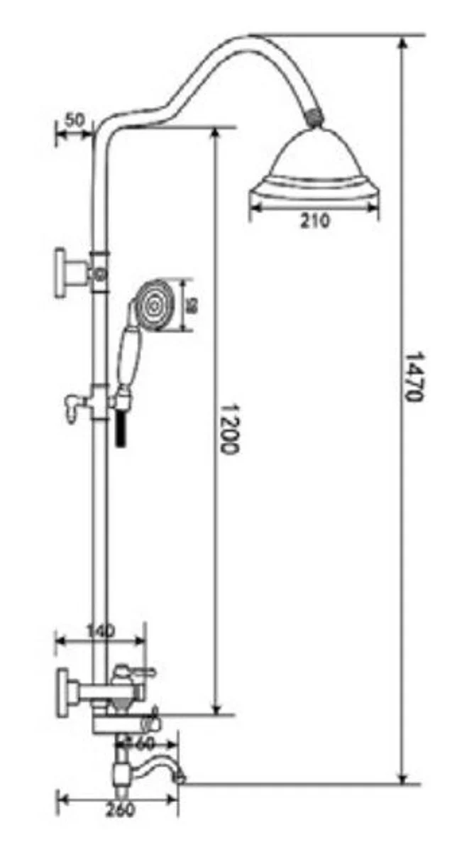 Luxus Jugendstil Badewannenarmatur mit Überkopfbrause und Handbrause Antik Schwarz H. 147 cm - Retro Badezimmer Duschgarnitur - Duscharmaturen Set