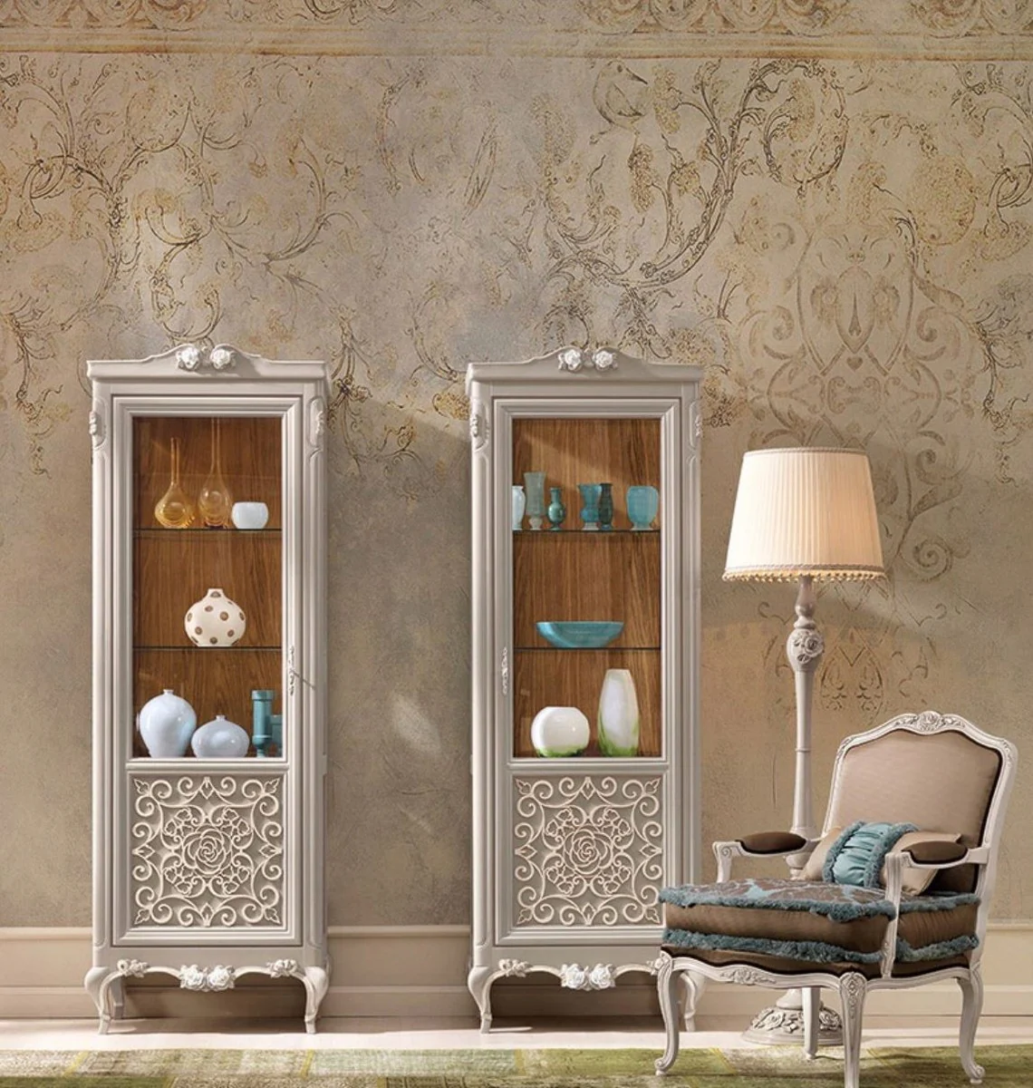 Luxus Barock Vitrine Grau / Creme / Braun - Handgefertigter italienischer Barockstil Vitrinenschrank - Italienische Barock Möbel - Barockstil Möbel - Luxus Qualität - Made in Italy