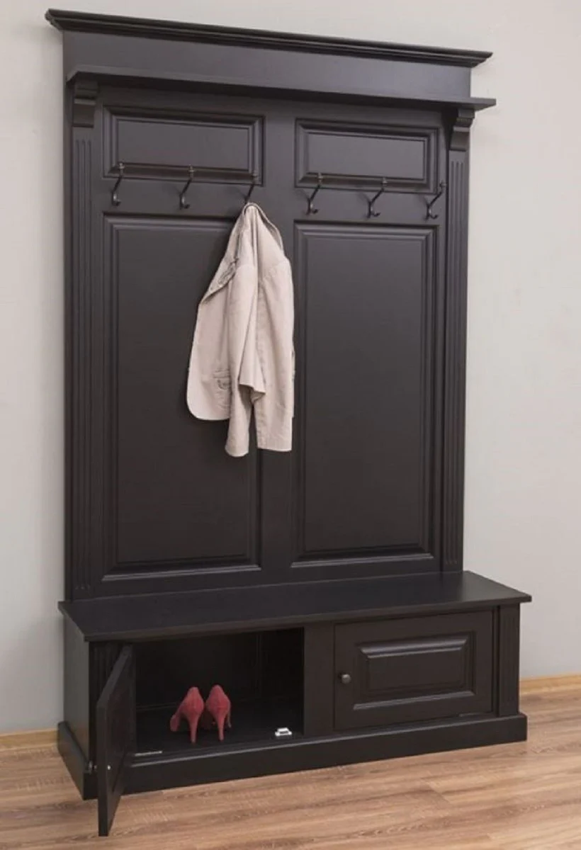 Landhausstil Massivholz Garderobenschrank Schwarz 140 x 41 x H. 210 cm - Wand Garderobe - Flur Schrank - Flurmöbel - Garderobenmöbel - Landhausstil Möbel