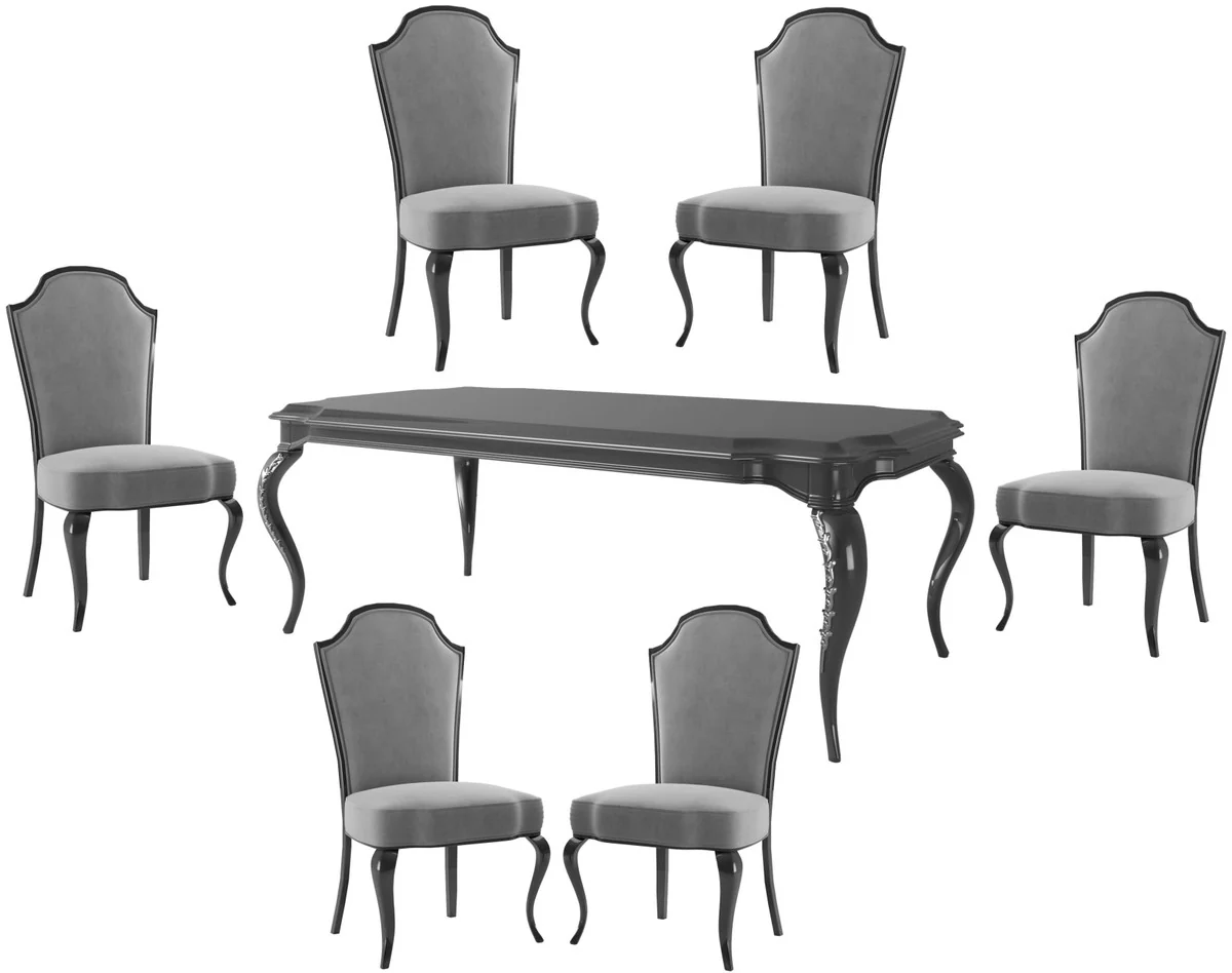 Luxus Barock Esszimmer Set Grau / Schwarz / Silber - 1 Esszimmertisch & 6 Esszimmerstühle - Barock Esszimmermöbel - Luxus Qualität - Edel & Prunkvoll