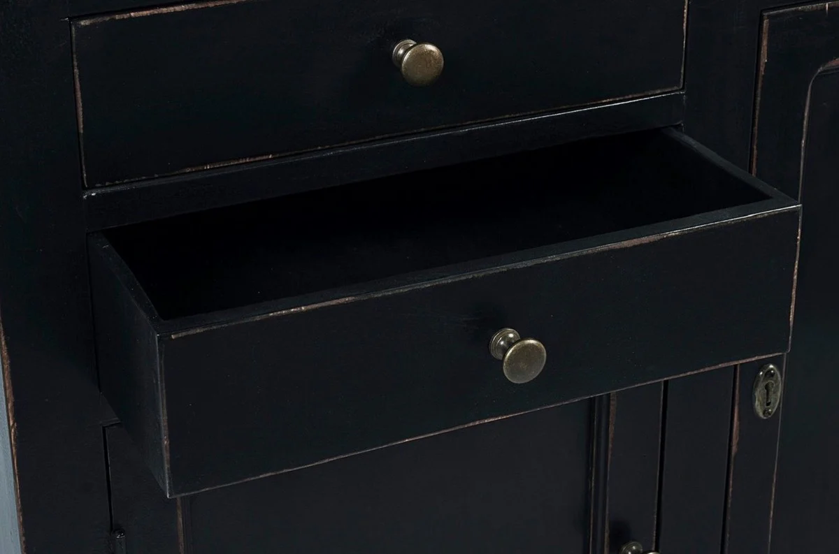 Landhausstil Schrank mit Leiter Antik Schwarz 143,5 x 40,6 x H. 233,7 cm - Bücherschrank - Regalschrank - Wohnzimmerschrank - Büroschrank - Landhausstil Möbel