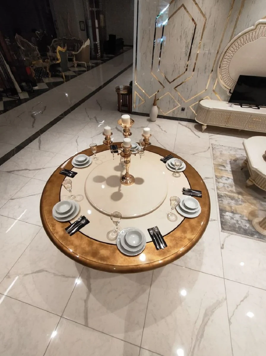 Luxus Barock Esstisch Cremefarben / Gold - Runder Massivholz Esszimmertisch mit drehbarem Mittelteil - Edle Barock Hotel & Restaurant Möbel