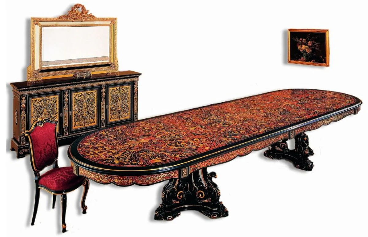 Luxus Barock Boulle Esstisch Schwarz / Rot / Gold 400 x 130 x H. 80 cm - Handgefertigter Massivholz Esszimmertisch - Barock Esszimmer Möbel - Edel & Prunkvoll