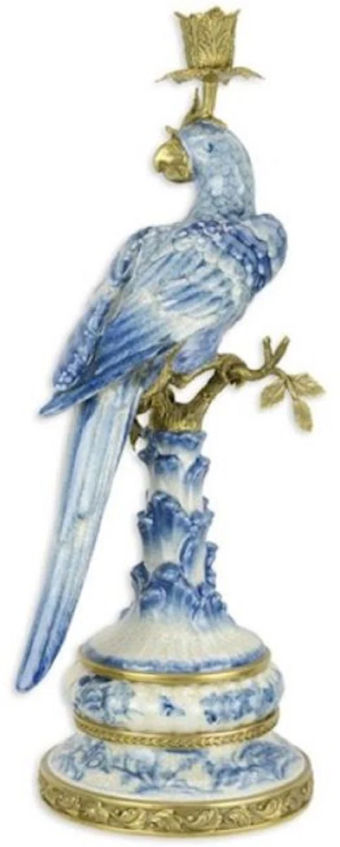 Jugendstil Kerzenhalter Set Papageien Blau / Weiß / Gold 22,1 x 18,6 x H. 49,4 cm - Porzellan Kerzenständer - Hotel & Restaurant Accessoires - Barock & Jugendstil Deko Accessoires