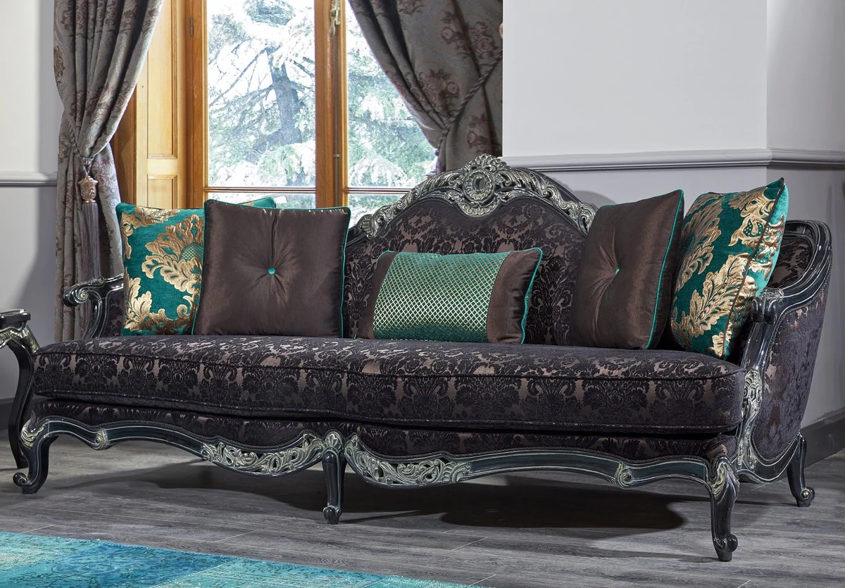 Luxus Barock Sofa Schwarz / Grün / Gold 240 x 88 x H. 105 cm - Wohnzimmermöbel im Barockstil