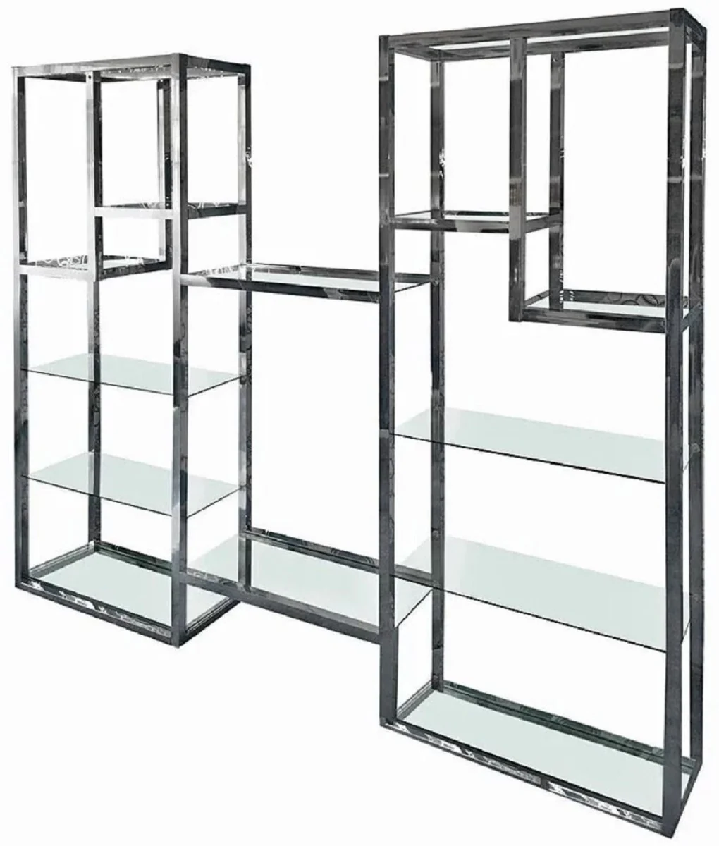 Regalschrank mit Glasregalen Silber 220 x 40 x H. 220 cm - Bücherschrank - Wohnzimmer Schrank - Büro Schrank - Wohnzimmer Möbel - Büro Möbel - Luxus Möbel