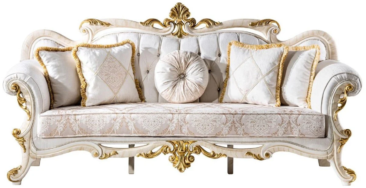 Luxus Barock Sofa Weiß / Braun / Weiß / Beige / Gold - Prunkvolles Wohnzimmer Sofa mit Glitzersteinen - Barockstil Wohnzimmer Möbel - Luxus Möbel im Barockstil - Barock Einrichtung
