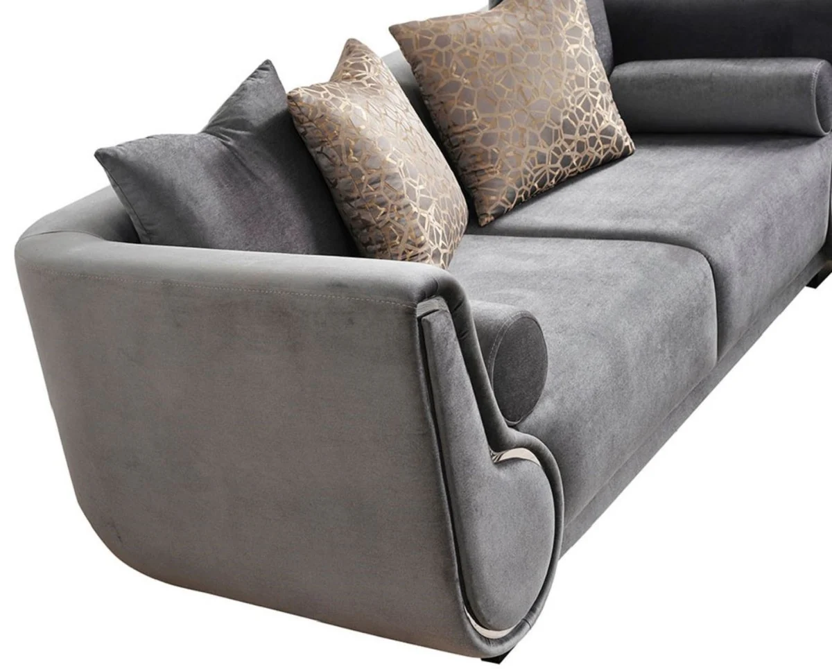 Luxus 3er Sofa Grau / Silber / Schwarz - Elegantes Wohnzimmer Sofa - Luxus Wohnzimmer Möbel - Luxus Kollektion